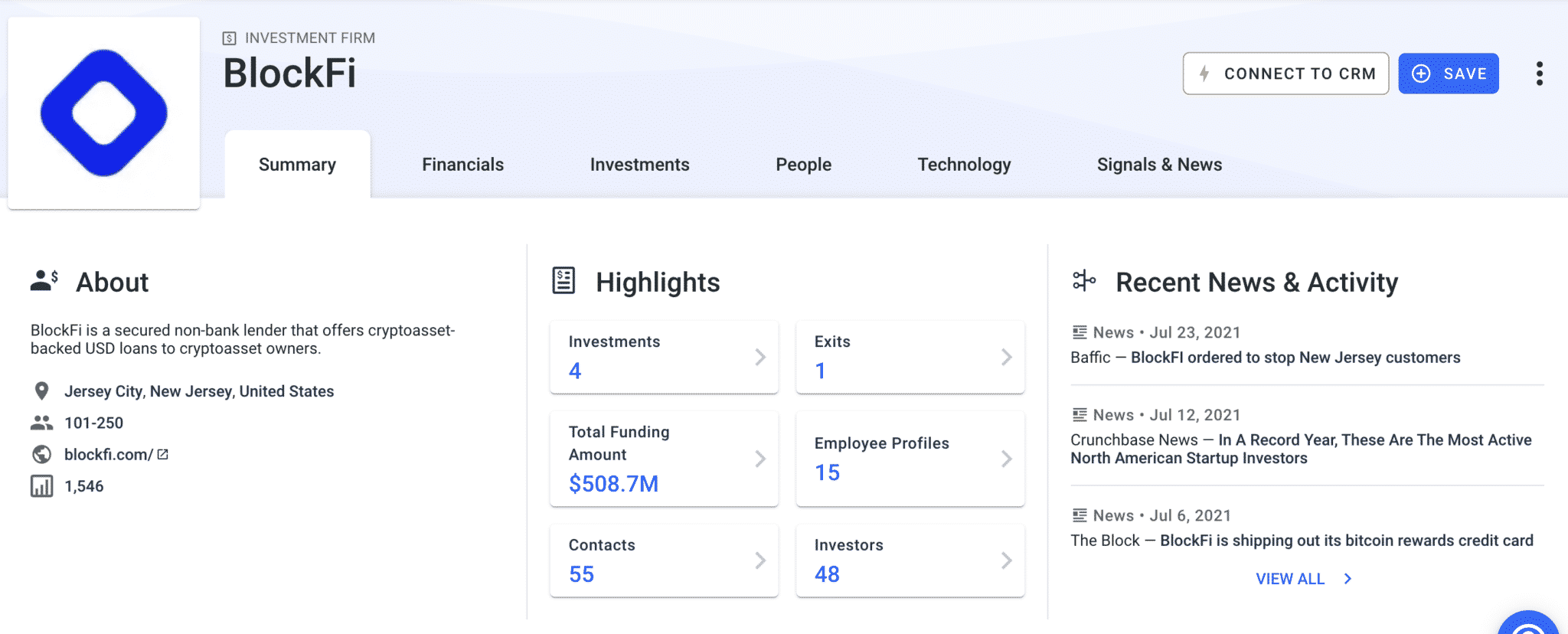 BlockFi on Crunchbase (courtesy of Crunchbase)